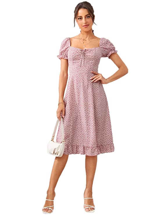 Lymio Dresses for Women Regular Multi Color Square Neck Half Sleeve Polyester Printed Dress(520-521)